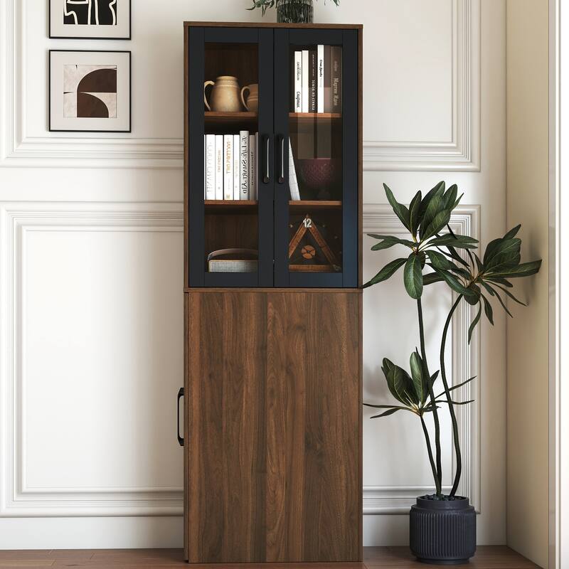 70.87 inch H Display Storage Cabinet 4 Tier Pull out Shelf 2 Glass Doors Modern Wooden Tall Bookshelf Living Room - Walnut