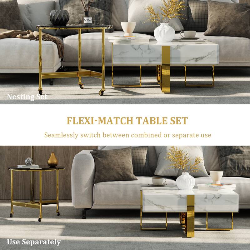 Modern Luxury Square Faux Marble Coffee Table Set Nesting Coffee Table with End Table