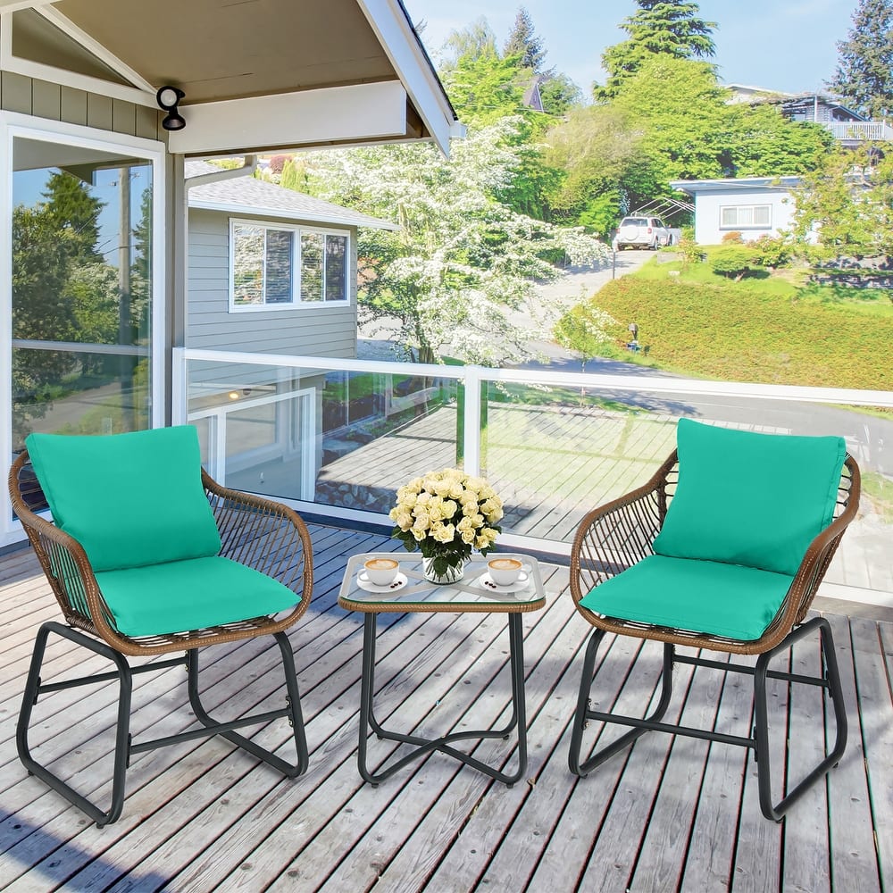 Costway 3PCS Patio Rattan Bistro Set Cushioned Chair Glass Table Deck - See Details