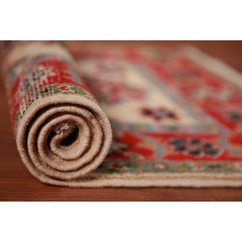 Geometric Kazak Oriental Accent Rug Hand-Knotted Beige Wool Carpet - 2'0" x 3'0"