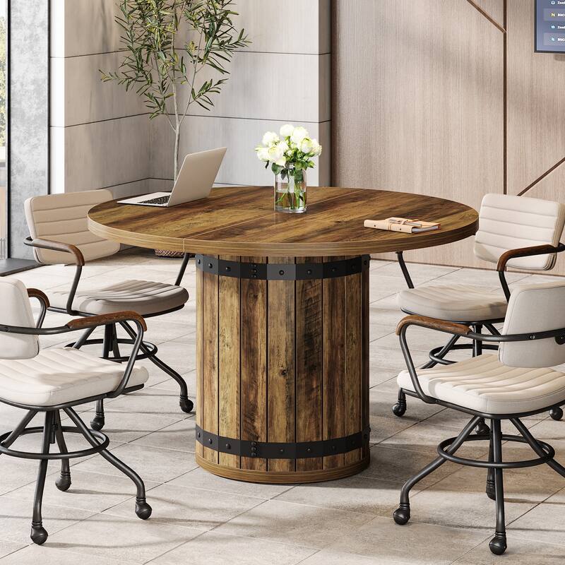 Farmhouse Round Conference Table, Office Seminar Meeting Boardroom Desk - Brown/Black