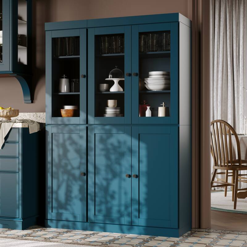 Palace Imports 100% Solid Wood 48.5" Pantry Cabinet with Clear Glass, Shaker Doors, 2-Drawers and Adjustable Shelves