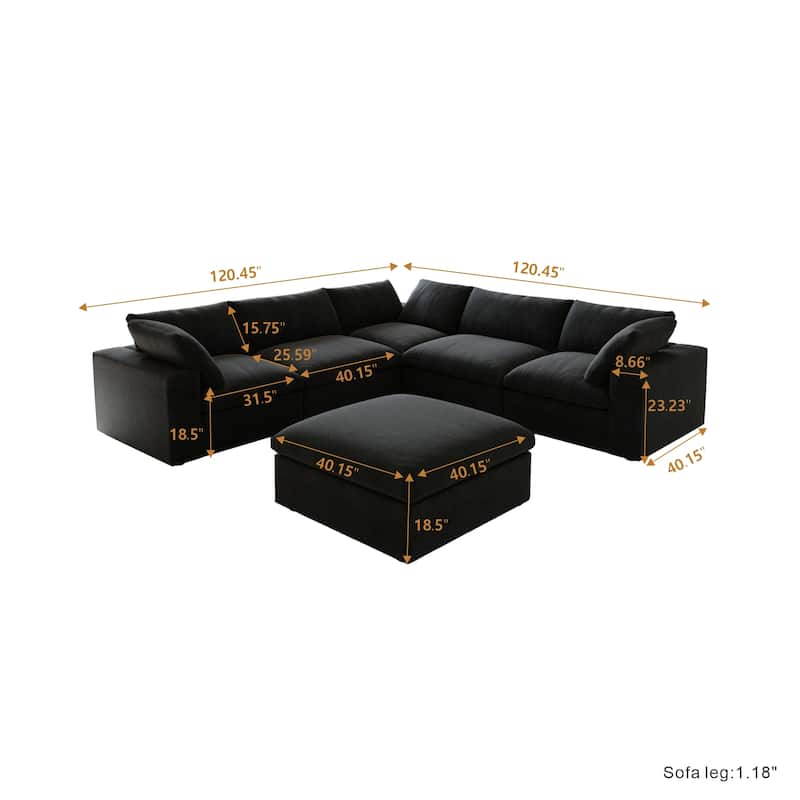 Oversize Down Filled 5-Piece Sectional Sofa with Storage Ottoman for Living Room