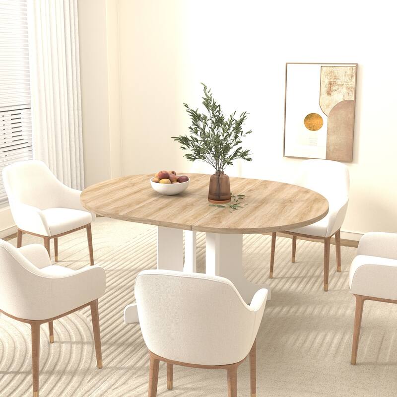 Dining Table For Farmhouse Kitchen Expandable Oval Table Top With Removable Leaf Trestle X Shaped Base - White Oak