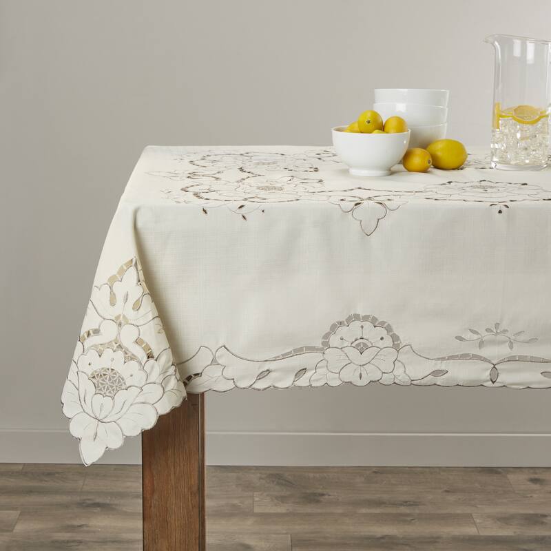 Violet Linen Sapphire Embroidered Pattern Tablecloth - 52" X 70" - Beige
