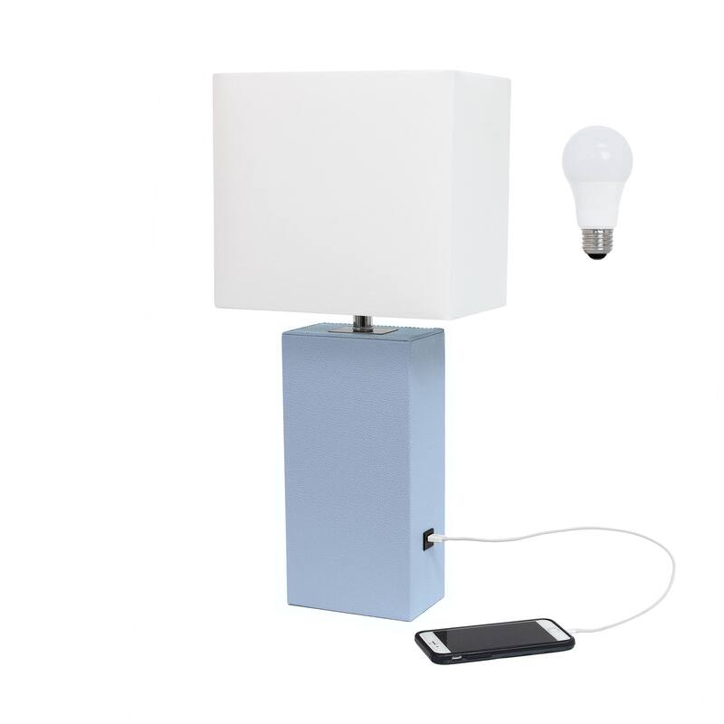 Modern Leather Table Lamp with USB and White Fabric Shade