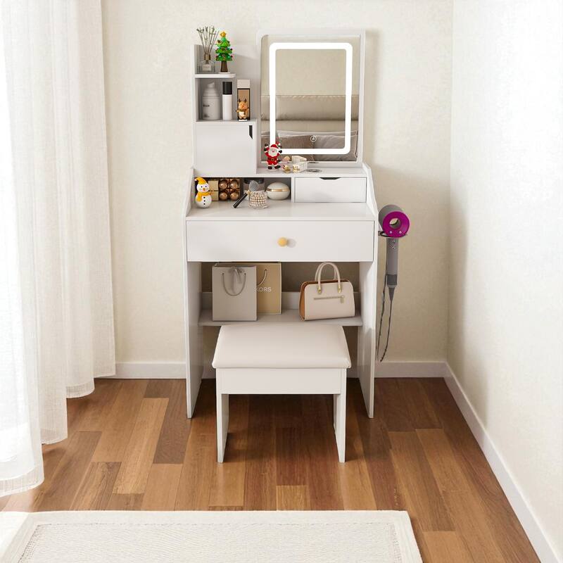 Vanity Desk with 3-Color LED Mirror, Charging Station, Storage Stool, 2 Drawers and 5 Cabinets for Bedroom