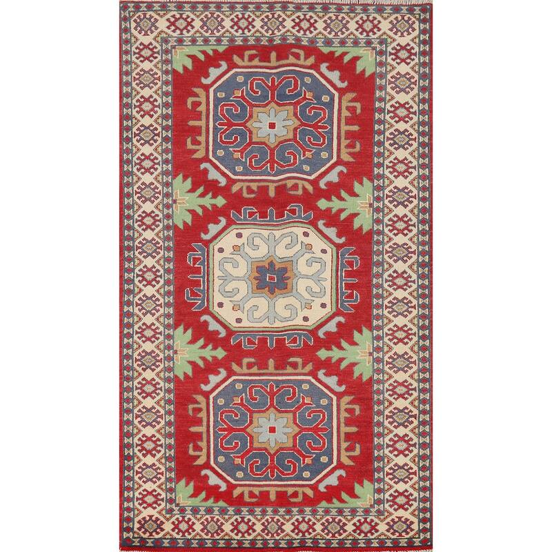 Geometric Red Kazak Oriental Runner Rug Hand-Knotted Wool Carpet - 3'4" x 6'7"
