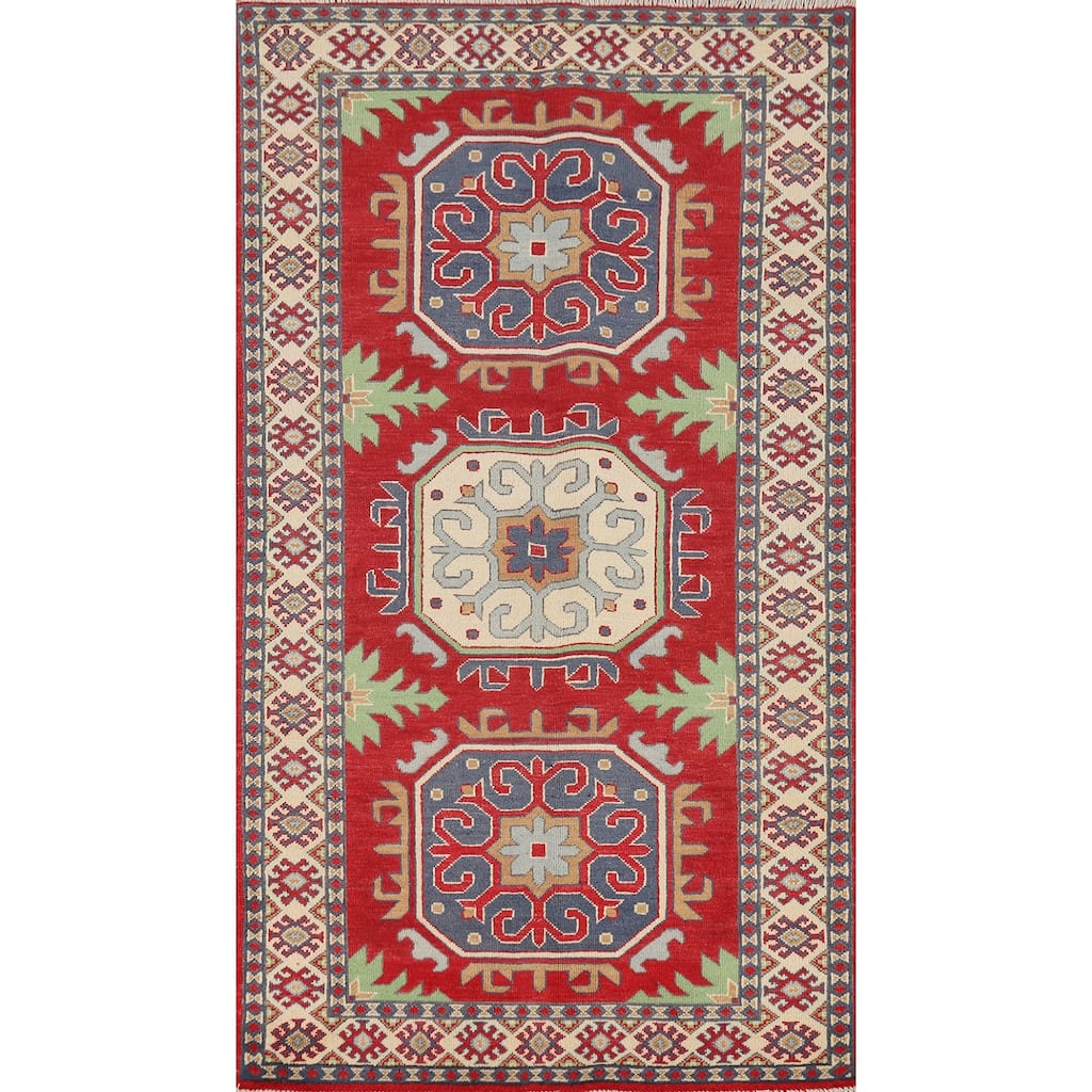Geometric Red Kazak Oriental Runner Rug Hand-Knotted Wool Carpet - 3'4" x 6'7"