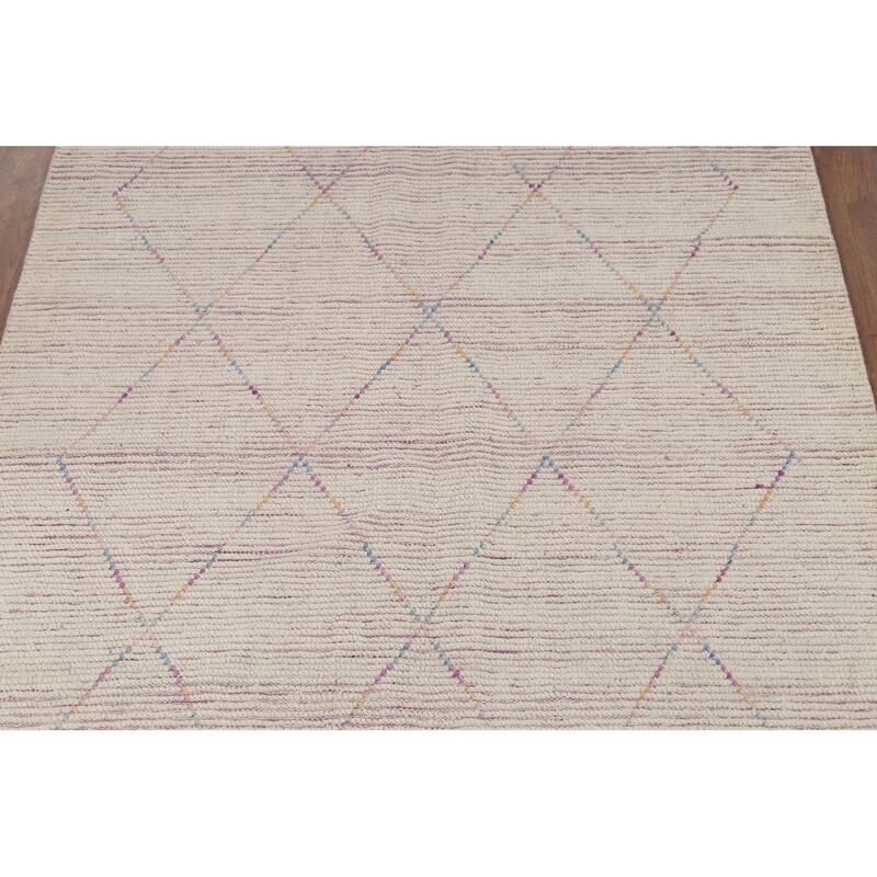 Beige Trellis Moroccan Area Rug Hand-Knotted Oriental Wool Carpet - 5'1"x 8'11"