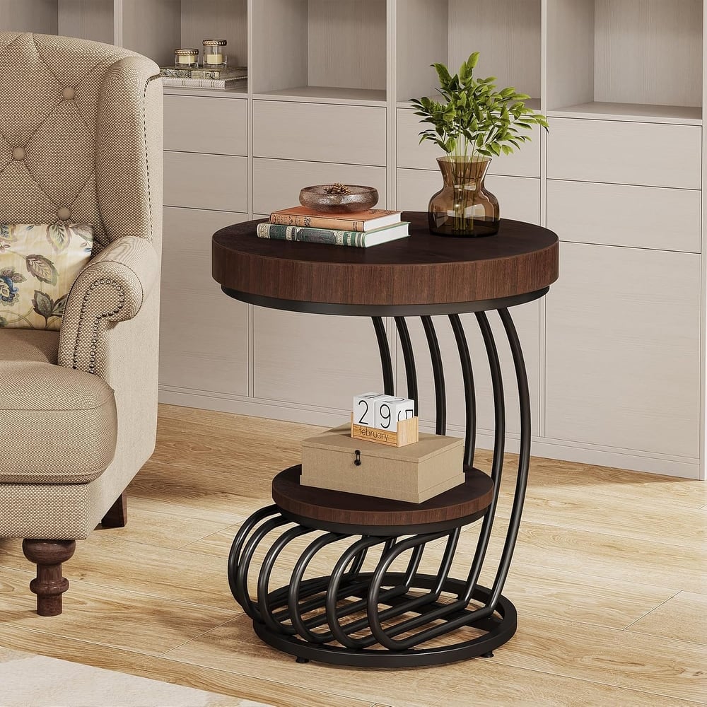 2 Tiers Round End Table with Shelf Storage, Arc-Shaped Side Sofa Table