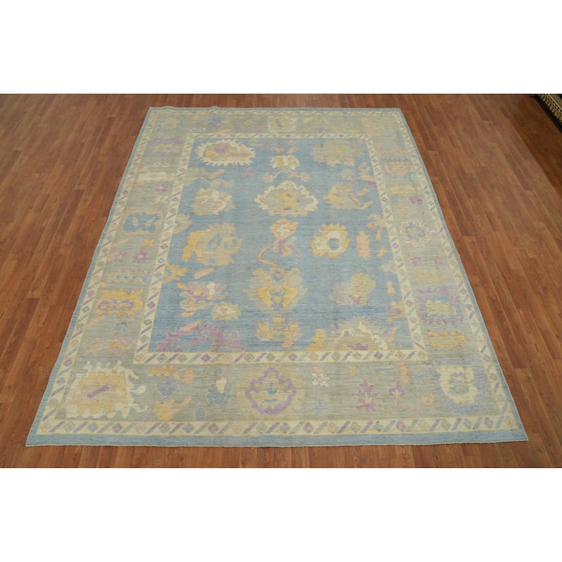 Vegetable Dye Blue Oushak Turkish Area Rug, Floral Geometric Carpet - 9' 10'' X 7' 11''