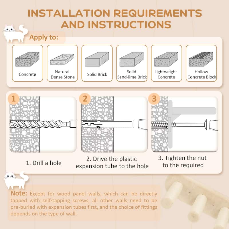 PawHut Cat Wall Shelves, 3 PCs Wall Mounted Cat Shelves with Scratching Post, Perches, Ladder, Steps, Scratching Board, Beige