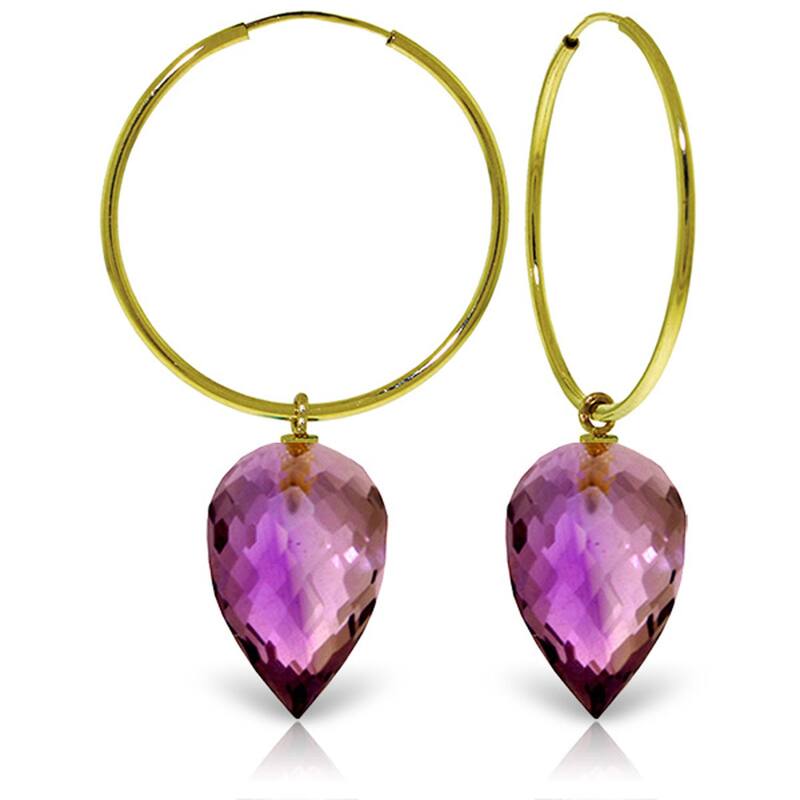 14K Solid Gold Hoop Earrings w/ Pointy Briolette Drop Amethysts