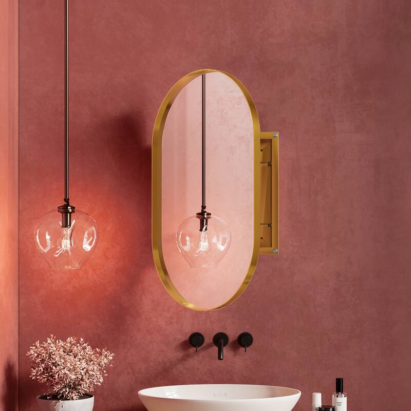 Oval Recessed Medicine Cabinet,Metal Framed Bathroom Wall Cabinet with Mirror and Adjustable Shelves,Wall Mirror with Storage