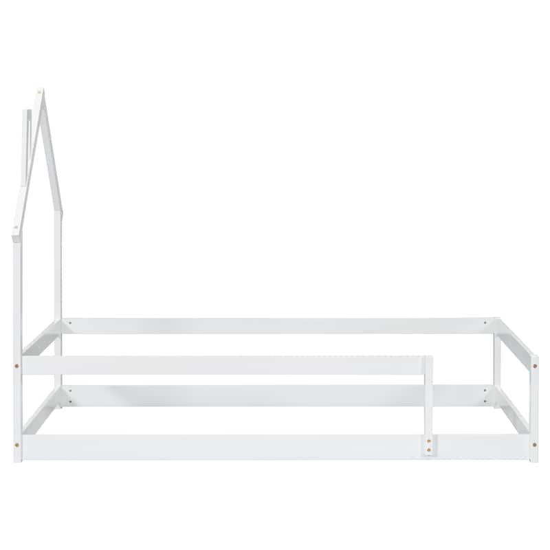 Whimsical Twin Floor Bed with House-Style Headboard and Full-Length Guardrails for Kids