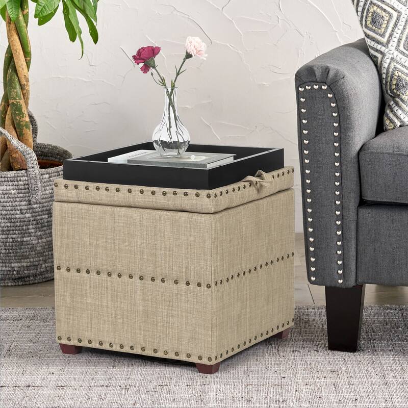 Adeco Fabric Square Ottoman with Tray - Beige