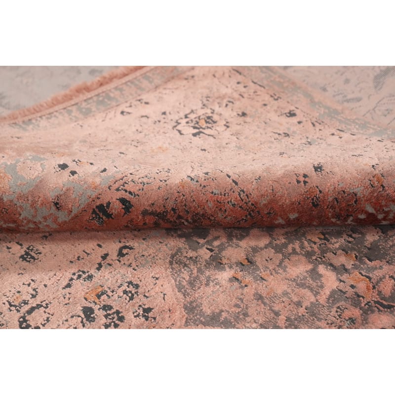 Machine Made Oriental Polyester Carpet Traditional Floral Coral Tabriz Area Rug - 7' 5'' X 5' 2''