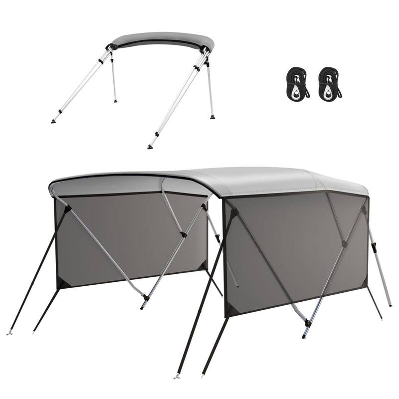 3 Bow Bimini Tops for Boats with Mesh Sidewalls Support Poles - Grey 6'L*46"H*54"-60"W