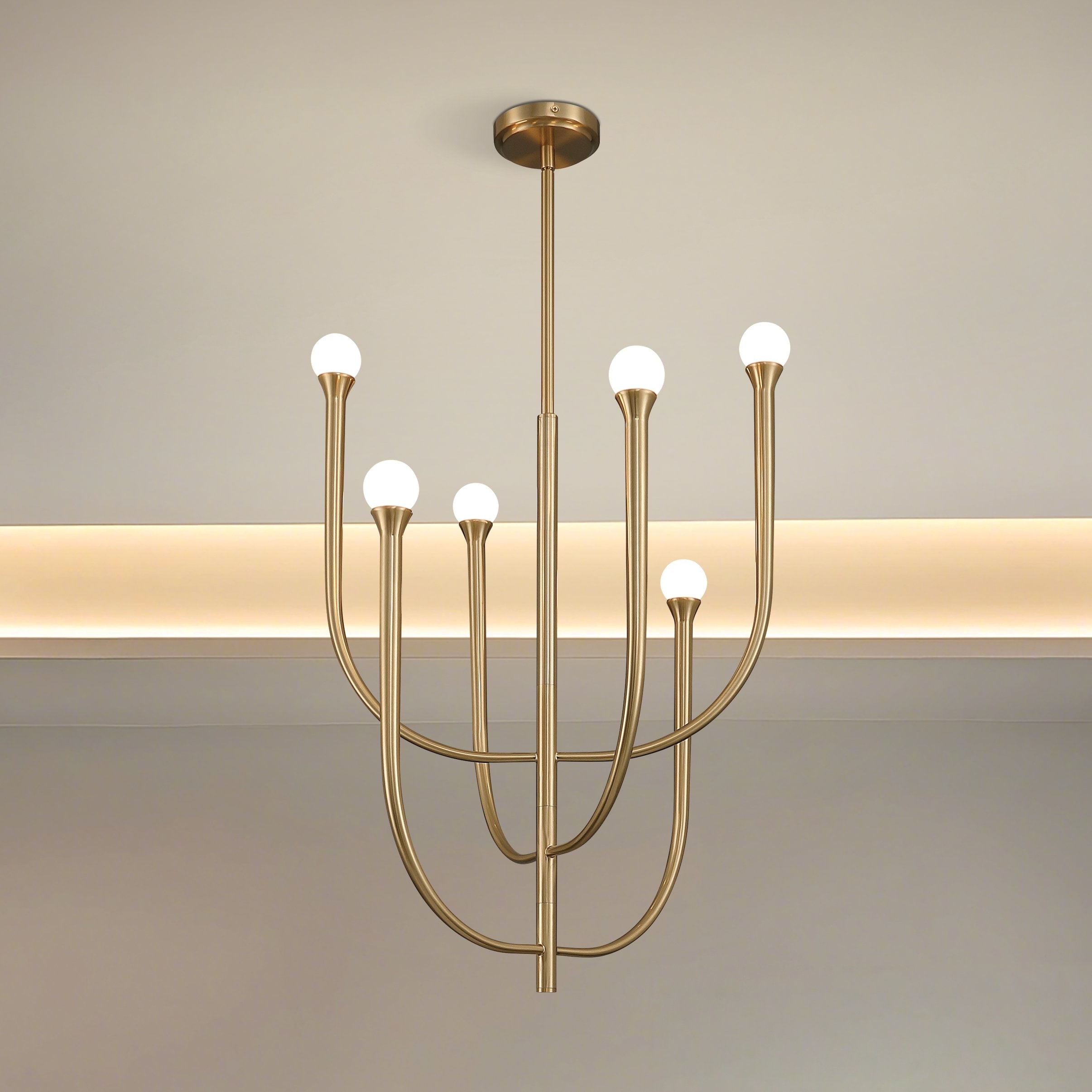 Dahlia 23-inch 6-light Brass Chandelier with Opal Glass Shades - L: 23" x W: 23" x H: 31.75" x M-H: 83.75"