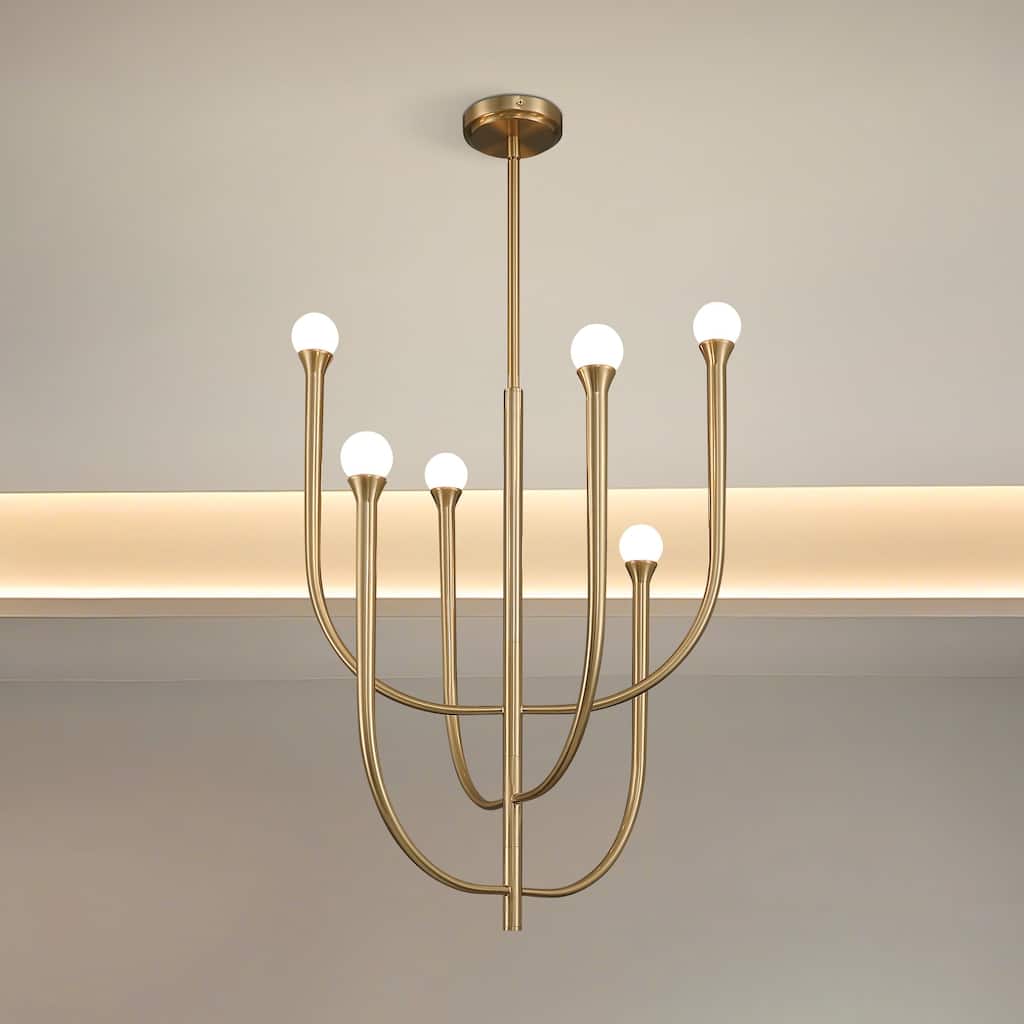 Thesis Dahlia 23-inch 6-light Brass Chandelier with Opal Glass Shades - L: 23" x W: 23" x H: 31.75" x M-H: 83.75"