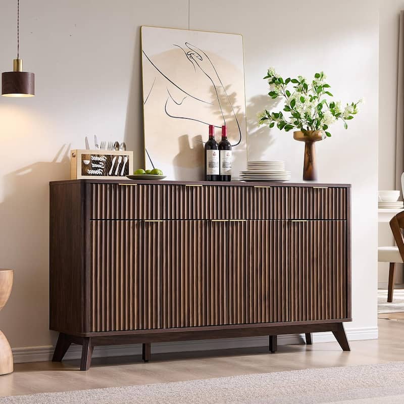 Modern Fluted Buffet Sideboard Cabinet, Buffet Table Coffee/Wine Bar - Dark Walnut