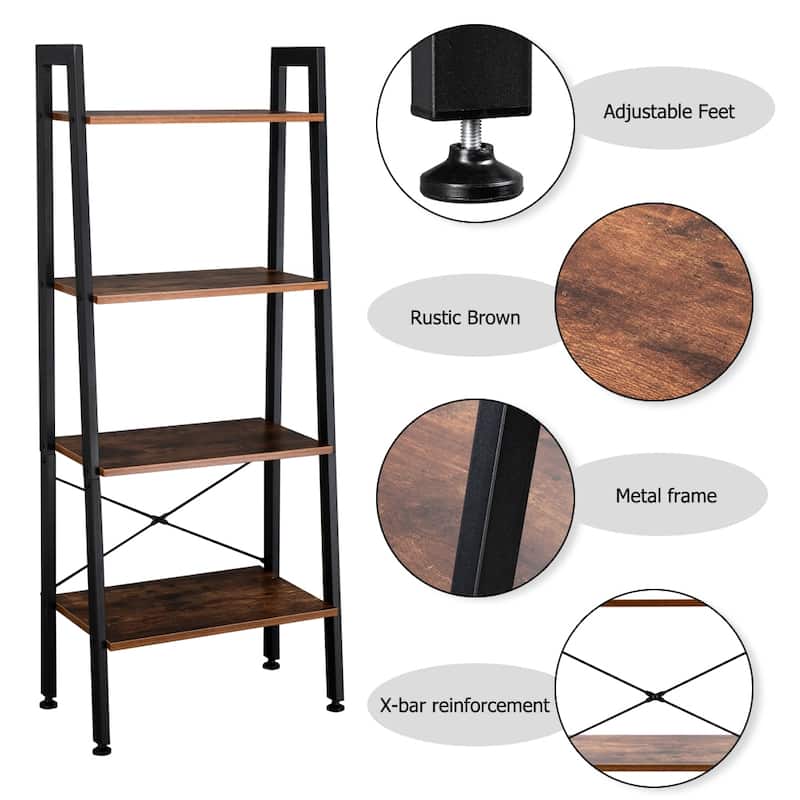 4 Tiers Industrial Ladder Bookcase Storage Rack Shelf Brown