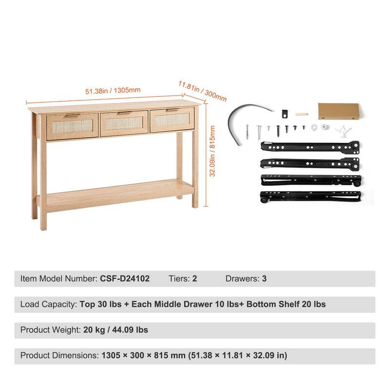 Rattan Console Table with 3 Storage Drawers, Rattan Entryway Table with Natural Rattan Sliding Door, Console Sofa Table