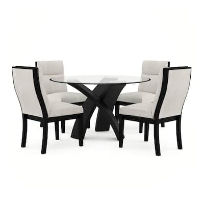 Moi 5pc Dining Table and Chair Set, 52 Inch Round Glass, White Black