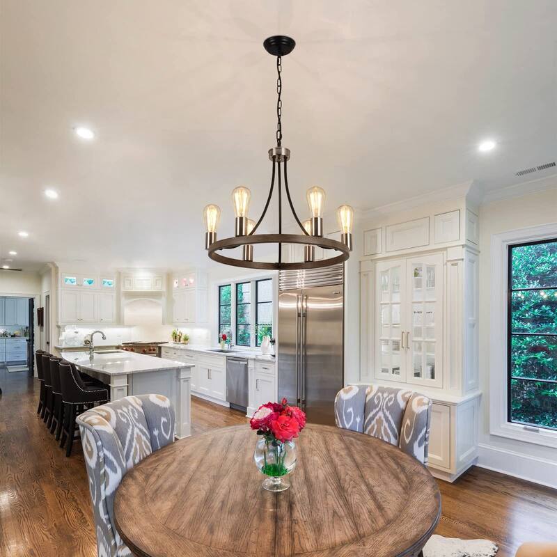 6-Light Farmhouse Metal Round Wagon Wheel Chandelier for Dining Room Living Room Bedroom Kitchen - 19.68'' D x 16.14'' H