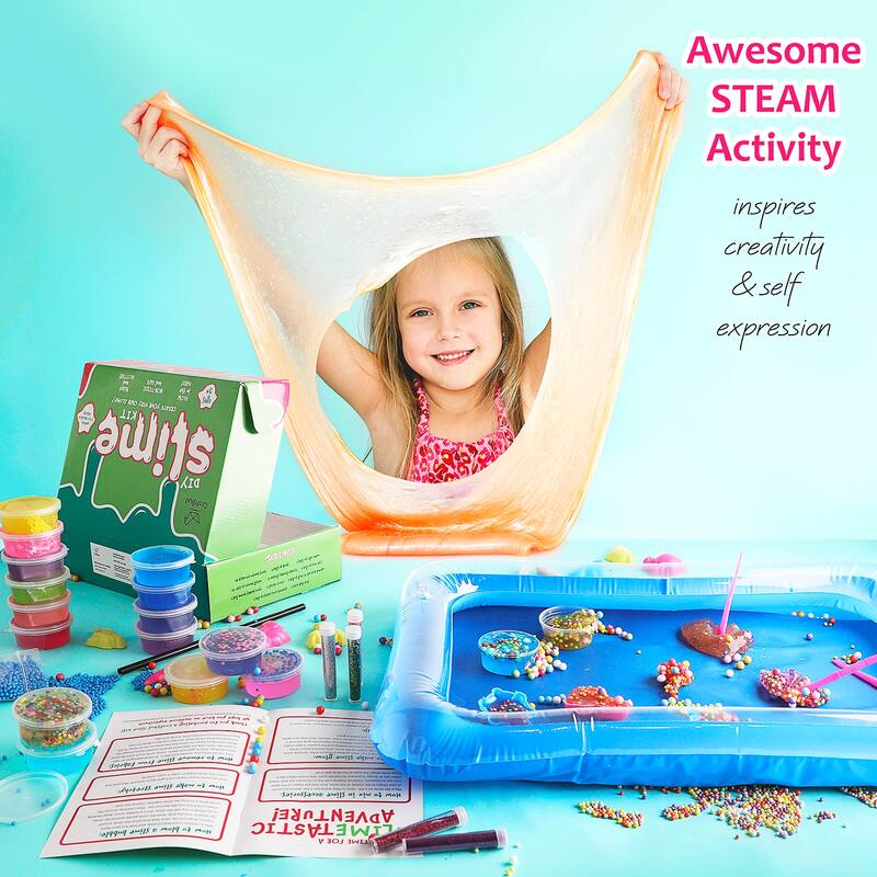 CraftBud DIY Slime Kit - Kids Slime Making Kit with 18 Colors Slime , 10 Glitters, Blow Up Tray, Foam Balls and Much More