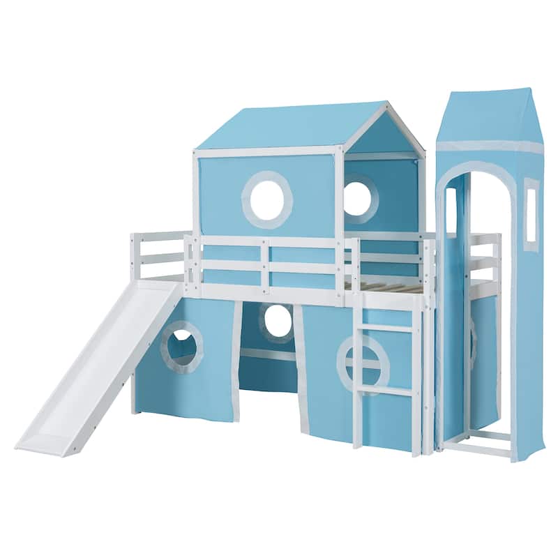 Twin Size Solid Wood Loft House Bed with Slide and Ladder
