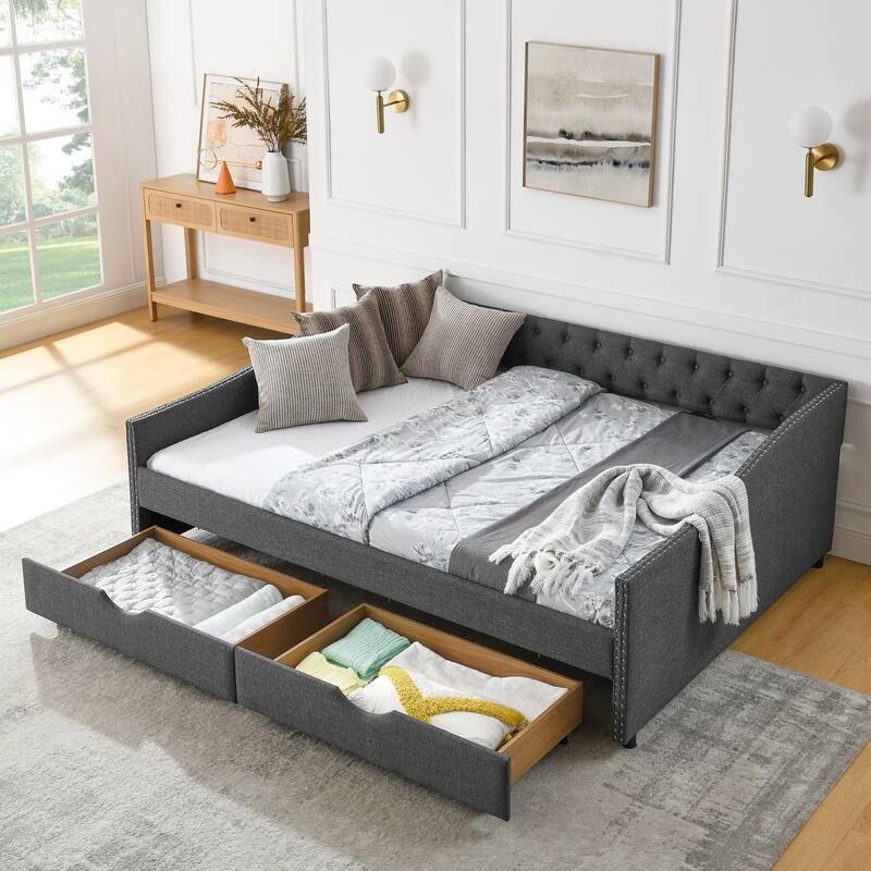 Tufted Button Daybed with 2 Storage Drawers/Upholstered Sofa Bed Frame w/Copper Nail on Waved Shape Armrests/No Spring Box Need