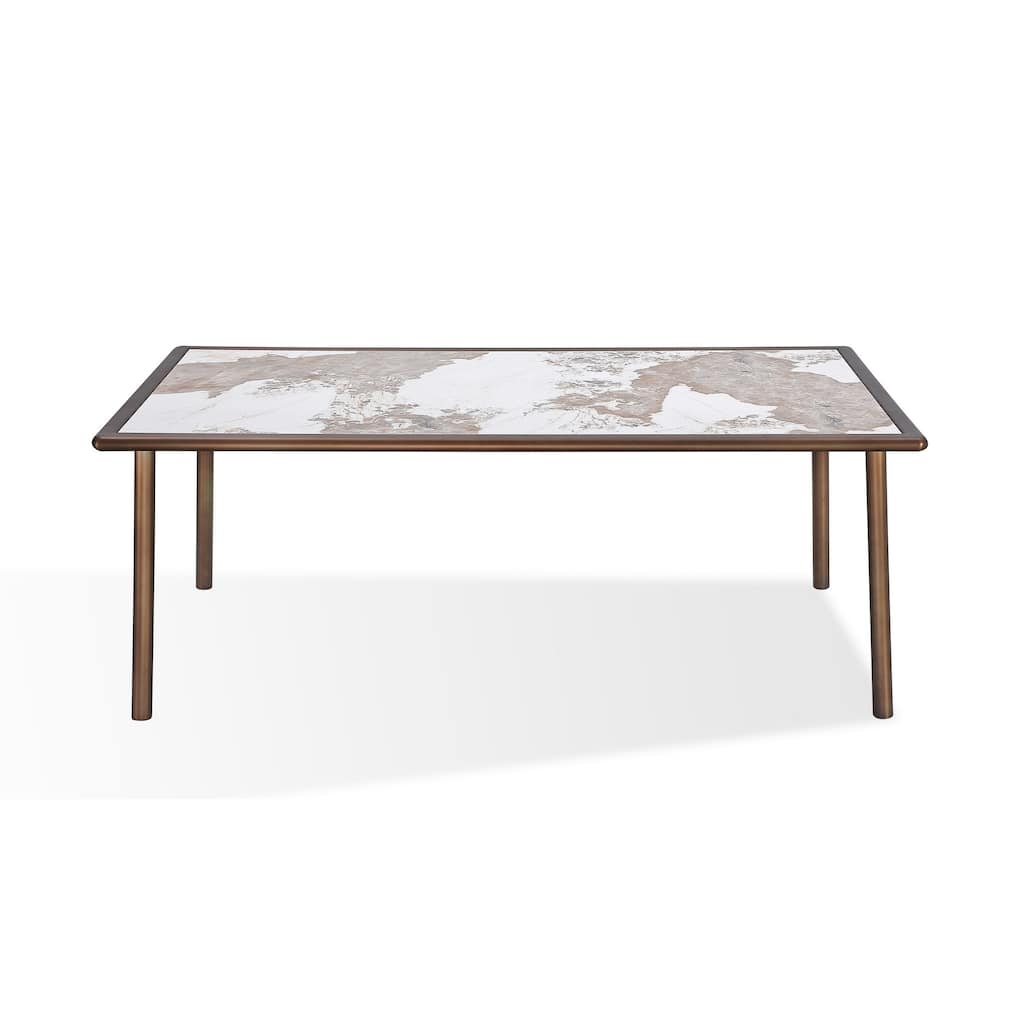 Zame 79 Inch Dining Table, Rectangular White Stone Top, Steel Legs, Bronze