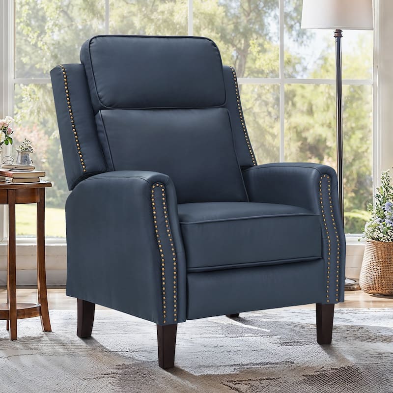 Wooden Frame Genuine Leather Recliner Push Back Recliner Chair with 3 Adjustable Backrest for Living Room, Bedroom - Navy