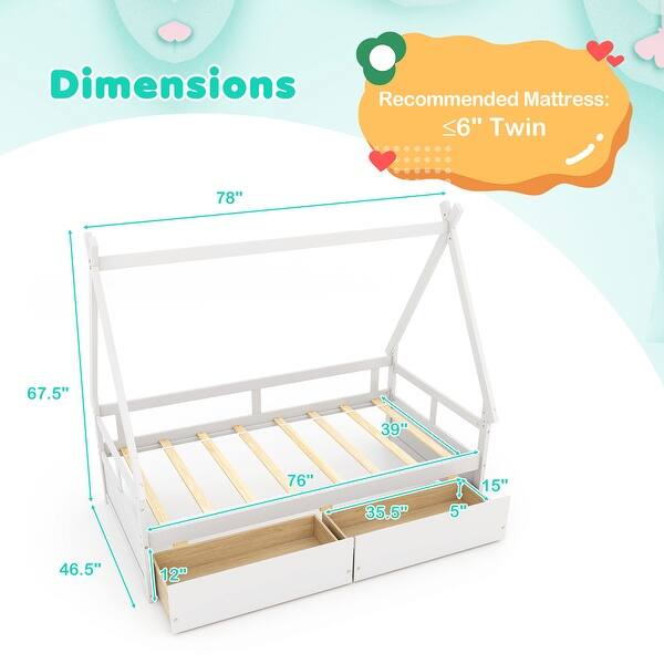 dimension image slide 0 of 2, Twin Size Wooden House Bed with Roof and Safety Guardrail