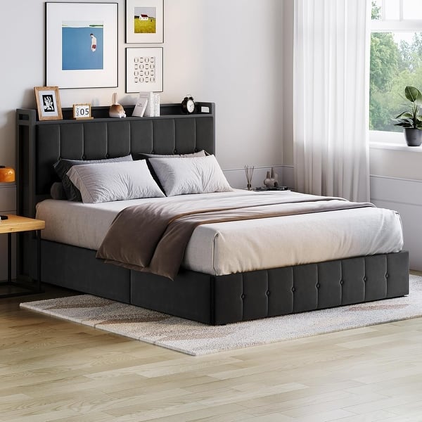 slide 2 of 60, Bed Frame with Lift Up Storage, Upholstered Velvet Platform Bed with Storage Headboard Black-Full - Full