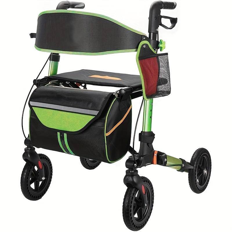 Lightweight Foldable All Terrain Rolling Walker with seat, Aluminum Walkers with 8 inch Rubber Wheels - Green