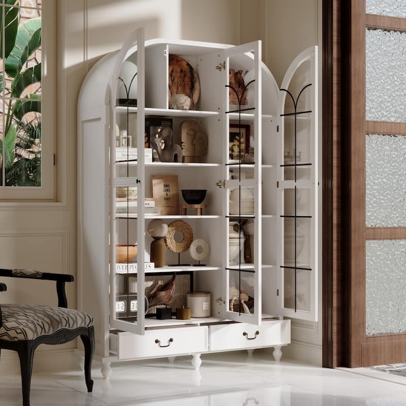 Glass Door Display Cabinet with Storage DrawersBookcase with Wooden Legs