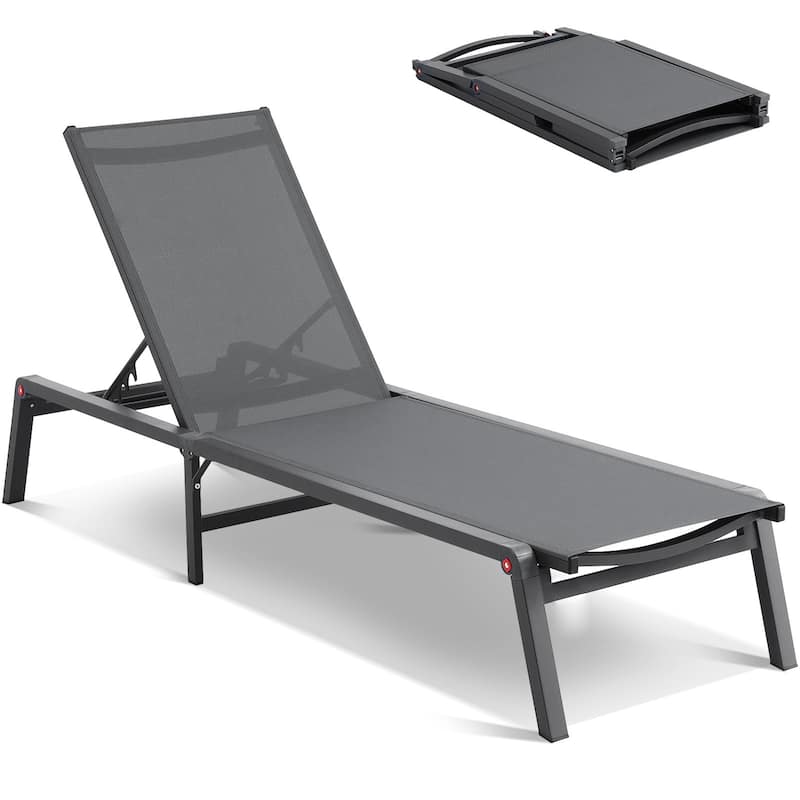 5-Position Adjustable and Foldable Chaise Lounge Chair with Aluminum Frame Perfect for Outdoor Use - 71.65" x 23.43" x 34.84" - Dark-Grey-1-Piece