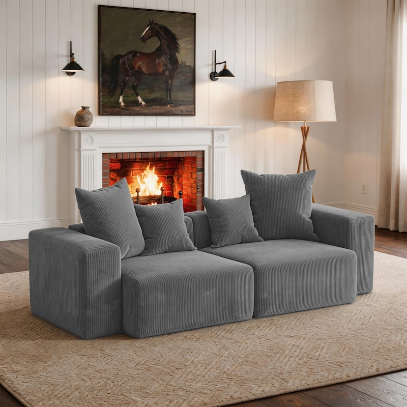 Corduroy Upholstered Modular Sectional Sofa with Ottoman - Gray-2 piece - Symmetrical