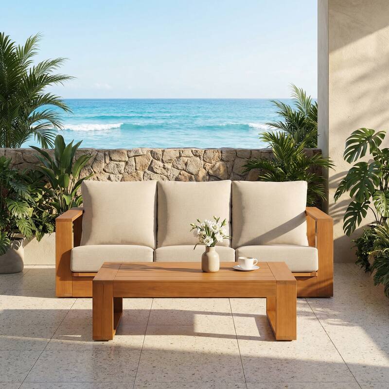 Outdoor Conversation Set 2-Piece Eucalyptus Wood 3-Seater Sofa Weather‑resistant Rope Weave with Coffee Table