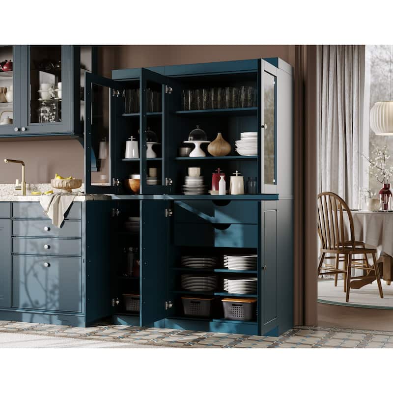 Palace Imports 100% Solid Wood China Pantry with Glass or Solid Wood Doors and 2-Drawers - 48.5" x 71.5" - Teal Blue - Clear Glass-Solid