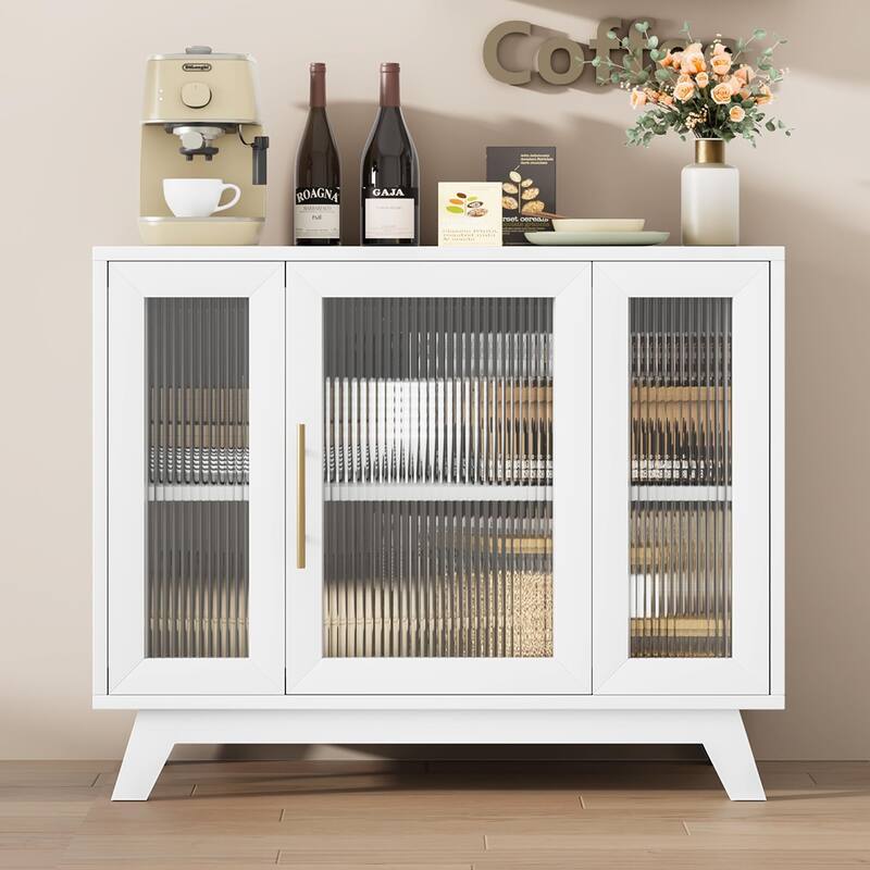 Buffet Storage Cabinet with Fluted Glass Door - White