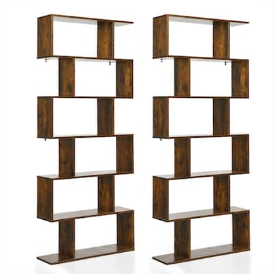 Gymax 2 PCS 6 Tier S-Shaped Bookshelf Storage Display Bookcase Z-Shelf - 31.5'' x 9'' x 75''