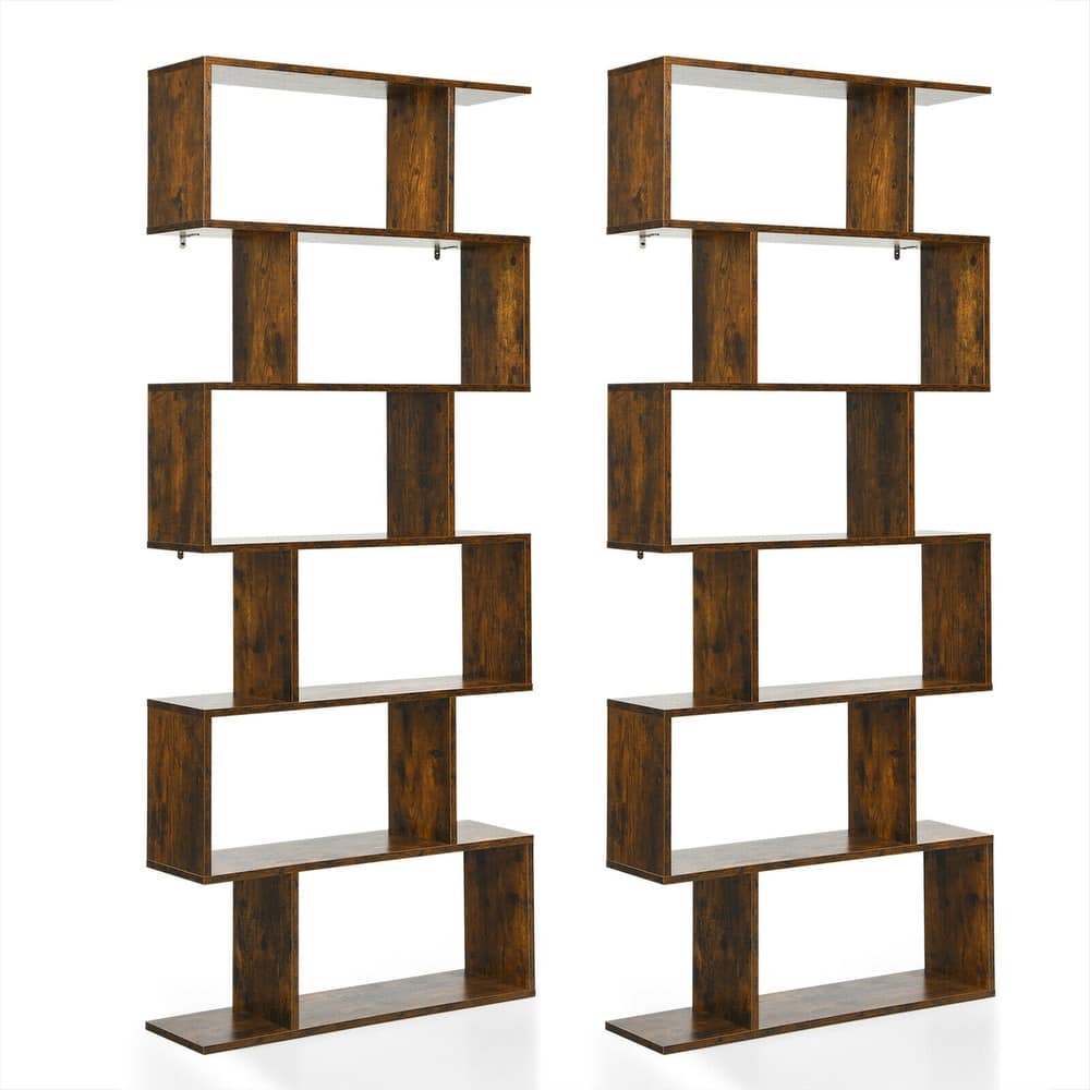 Gymax 2 PCS 6 Tier S-Shaped Bookshelf Storage Display Bookcase Z-Shelf - 31.5'' x 9'' x 75''