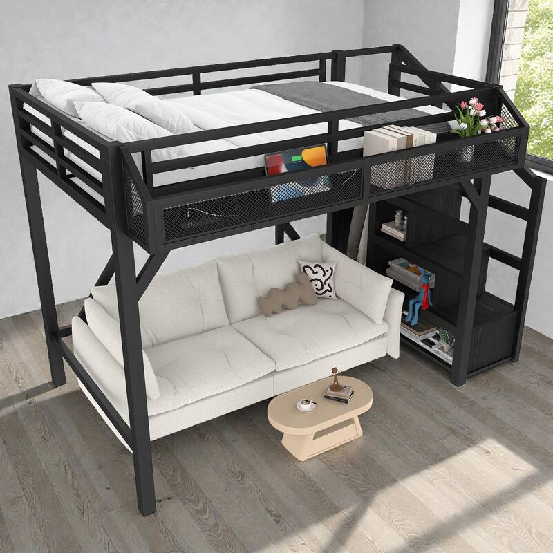 Metal Loft Bed with Storage Stairs, Wardrobe and Shelves, USB Ports and LED Lights, Noise Reduced Frame