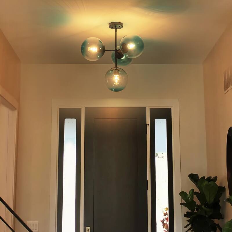 4-Light Modern Tiered Linear Sputnik Pendant Light in Brushed Gold/Black with Gradient Blue Glass Globes