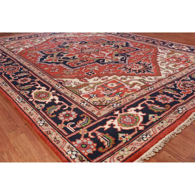 Hand Knotted Oriental 100% Wool Carpet Traditional Medallion Oranges & Rust Heriz (serapi) Area Rug - 9' 11'' X 8' 1''