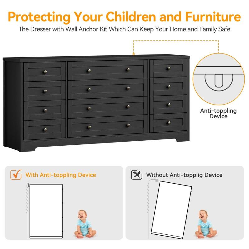 Dresser for Bedroom,Withe Long Wood Dresser with 12 Drawers,Storage Chest of Drawers with Plug-in Charging Hub